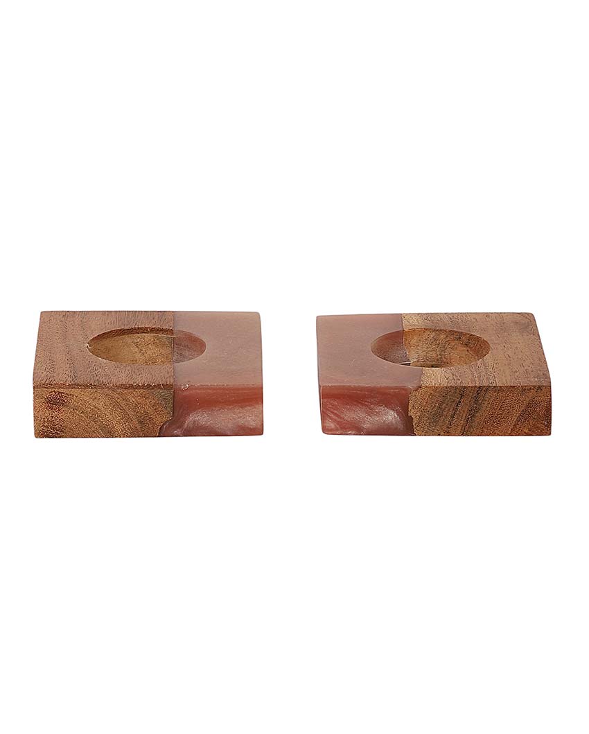 Resin & Mango Wood Tealight Holders | Set Of 2 |  3 x 3 inches