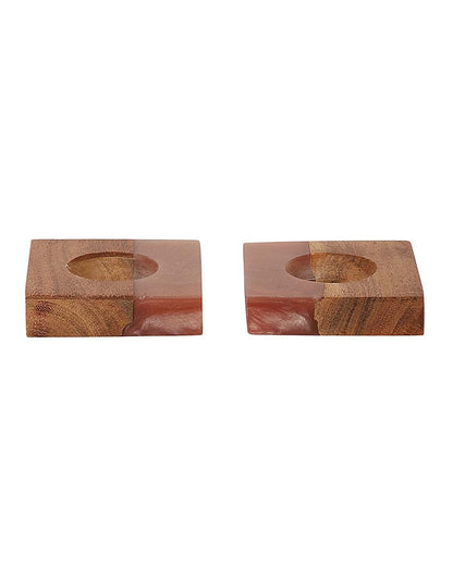 Resin & Mango Wood Tealight Holders | Set Of 2 |  3 x 3 inches