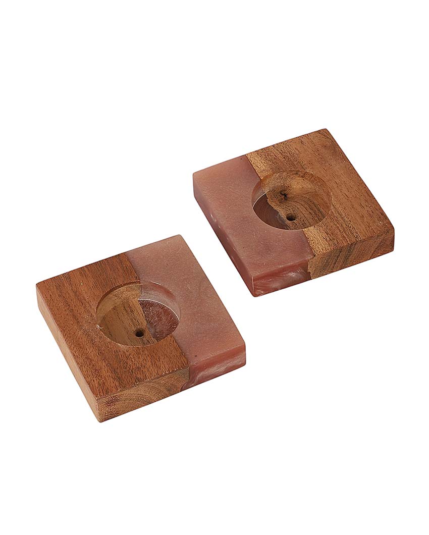 Resin & Mango Wood Tealight Holders | Set Of 2 |  3 x 3 inches