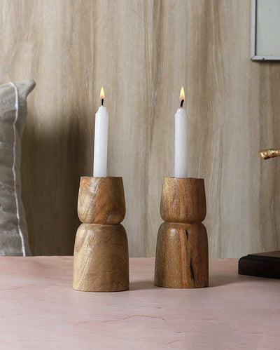 Mango Wood Two Layer Candle Stands | Set Of 2 | 3 x 6 inches