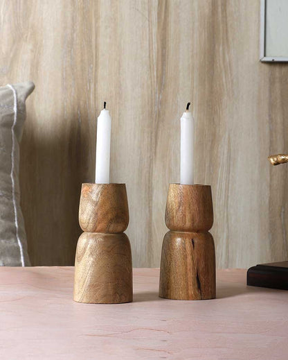 Mango Wood Two Layer Candle Stands | Set Of 2 | 3 x 6 inches