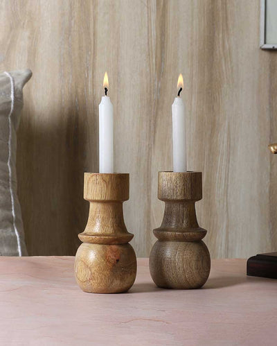 Mango wood Round Base Candle Stands | Set Of 2 | 2 x 6 inches