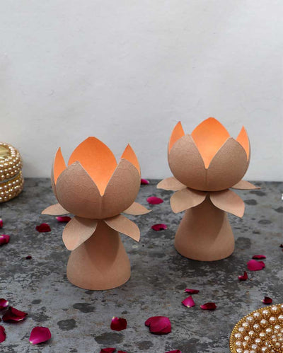Beige Textured Lotus Tealight Holders | Set Of 2 | 5 x 7 inches