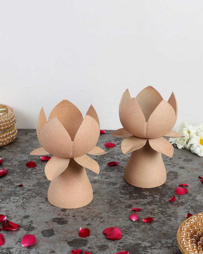 Beige Textured Lotus Tealight Holders | Set Of 2 | 5 x 7 inches