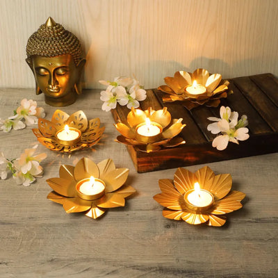 Gold Floral Design Tealight Holders | Pack of 5 | 5 x 5 x 1 inches