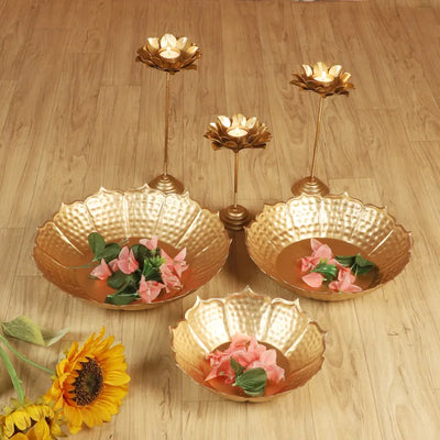 Sunflower Brass Finish Urli with Tea Light Holder | Pack of 6