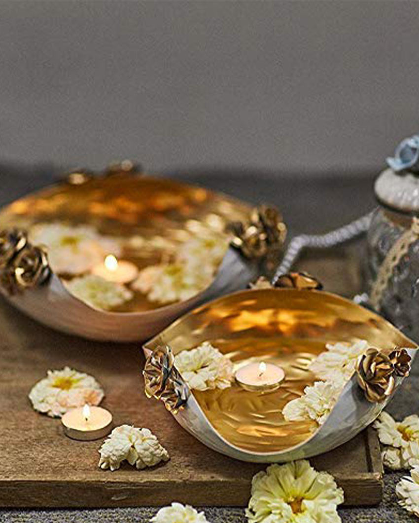 White & Golden Self Design Decorative Bowls | Set of 2