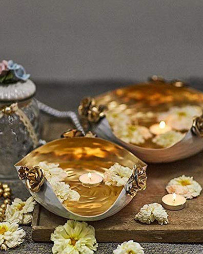 White & Golden Self Design Decorative Bowls | Set of 2