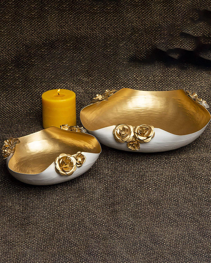 White & Golden Self Design Decorative Bowls | Set of 2