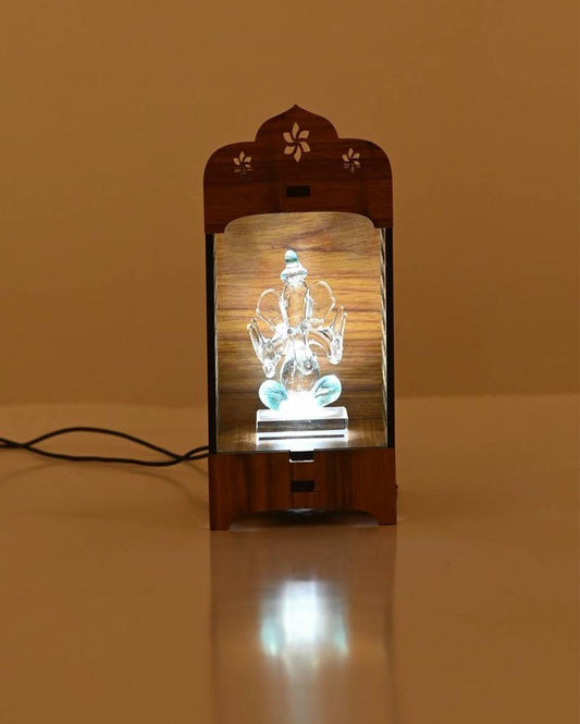 Classic Wood Mandir Firozi Ganesha with LED Light and Cord Two Plug Pin | 5 x 3 inches