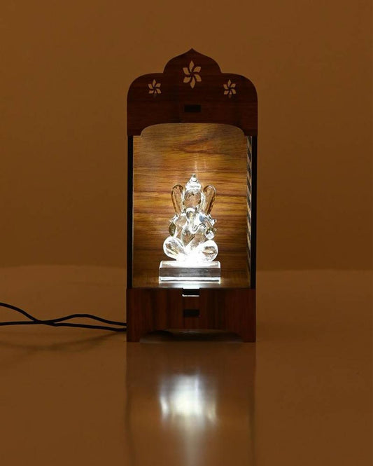 Sophisticated Wood Mandir Gold Ganesha with LED Light and Cord Two Plug Pin | 5 x 3 inches