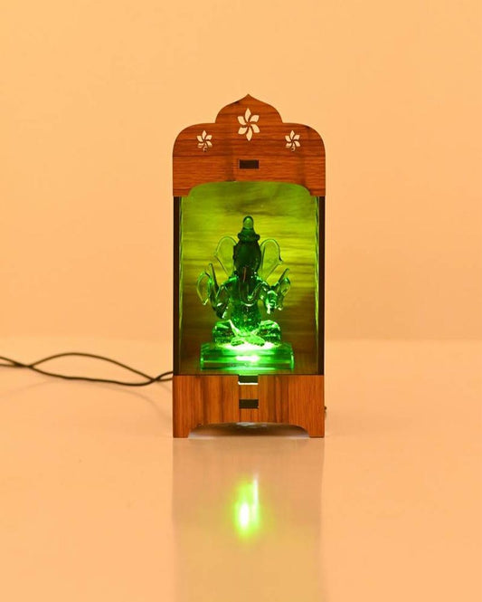 Timeless Wood Mandir Green Ganesha with LED Light and Cord Two Plug Pin | 5 x 3 inches