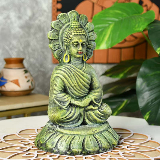 Terracotta Meditating Buddha on Lotus Tabletop | 10 Inches