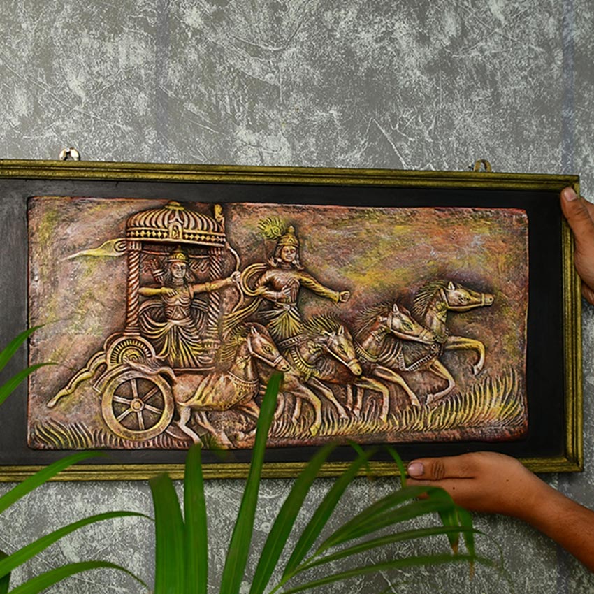 Mahabharata Warriors Celestial Brown Chariot Accent Wall Decorative | 24 x 12 inches