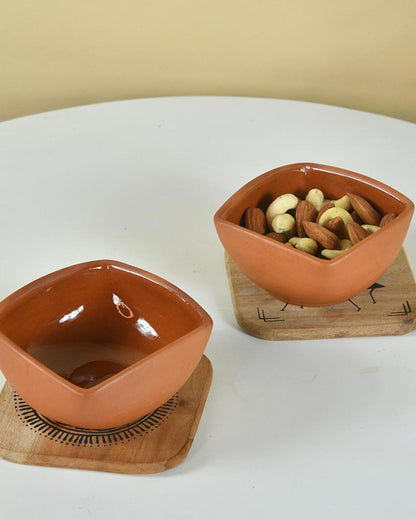 Terracotta Square Brown Curry & Serving Bowls | Set of 2 | 4 x 2 inches | 150ml