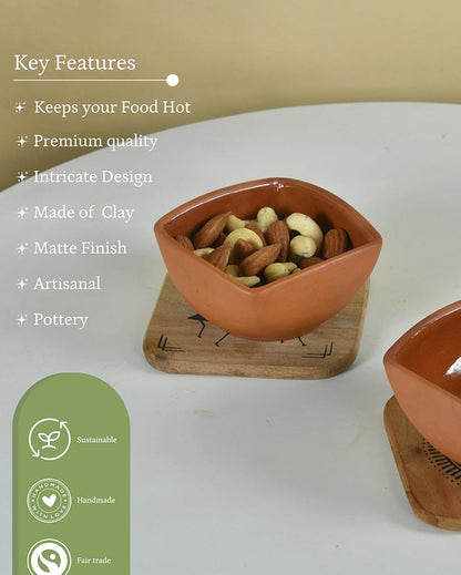 Terracotta Square Brown Curry & Serving Bowls | Set of 2 | 4 x 2 inches | 150ml