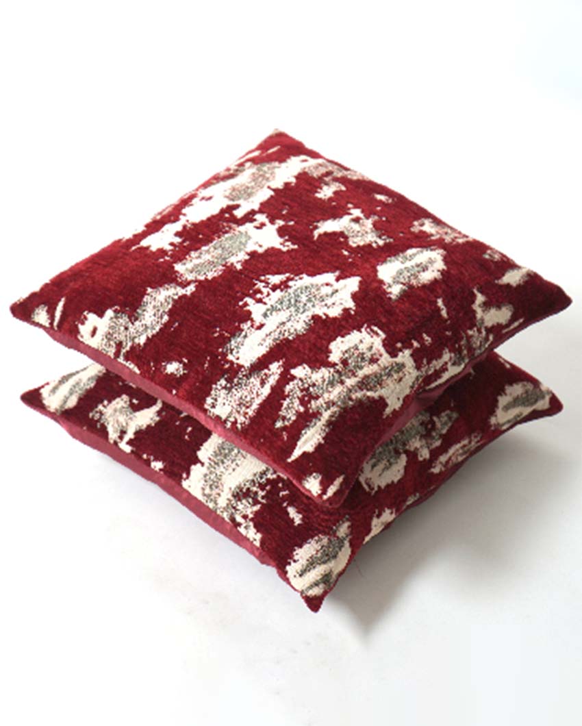 Maroon Jacquard Textured Print Decorative Velvet Cushion | Set of 3 , Set of 5  | 16 x 16 Inches