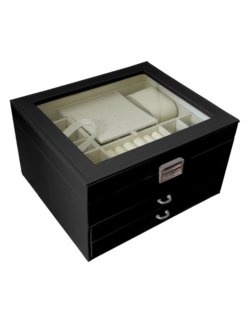 Luxury Two Draws Design Pu Leather Make Up & Cosmetic Jewelry Box With Clear Lid | 9 x 8 x 5 inches