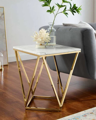 Trapezoid Iron Marble Top End Table | 16 x 16 x 20 inches