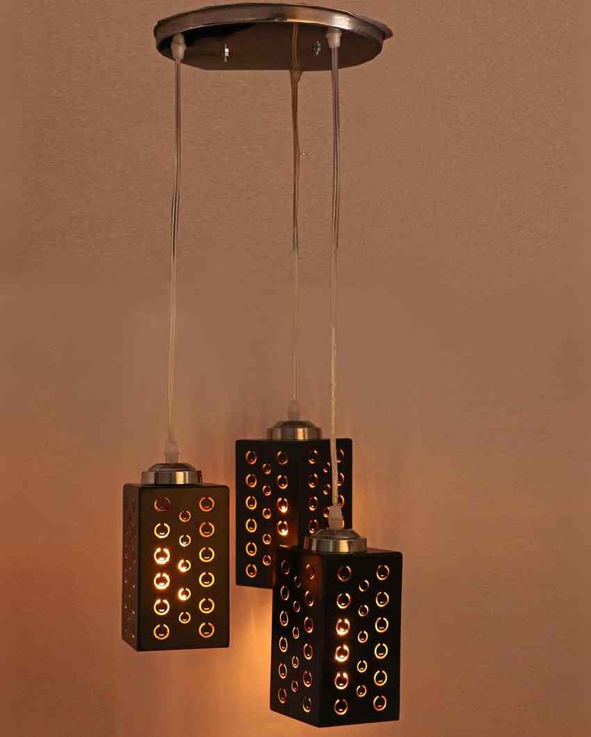 Elegant Metal Fitting Three Light Wooden Shade Pendant Ceiling Lamp | 10 x 10 x 26 inches