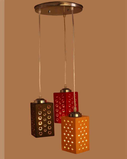 Elegant Metal Fitting Three Light Wooden Shade Pendant Ceiling Lamp | 10 x 10 x 26 inches