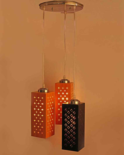 Rustic Metal Fitting Three Light Wooden Shade Pendant Ceiling Lamp | 10 x 10 x 28 inches