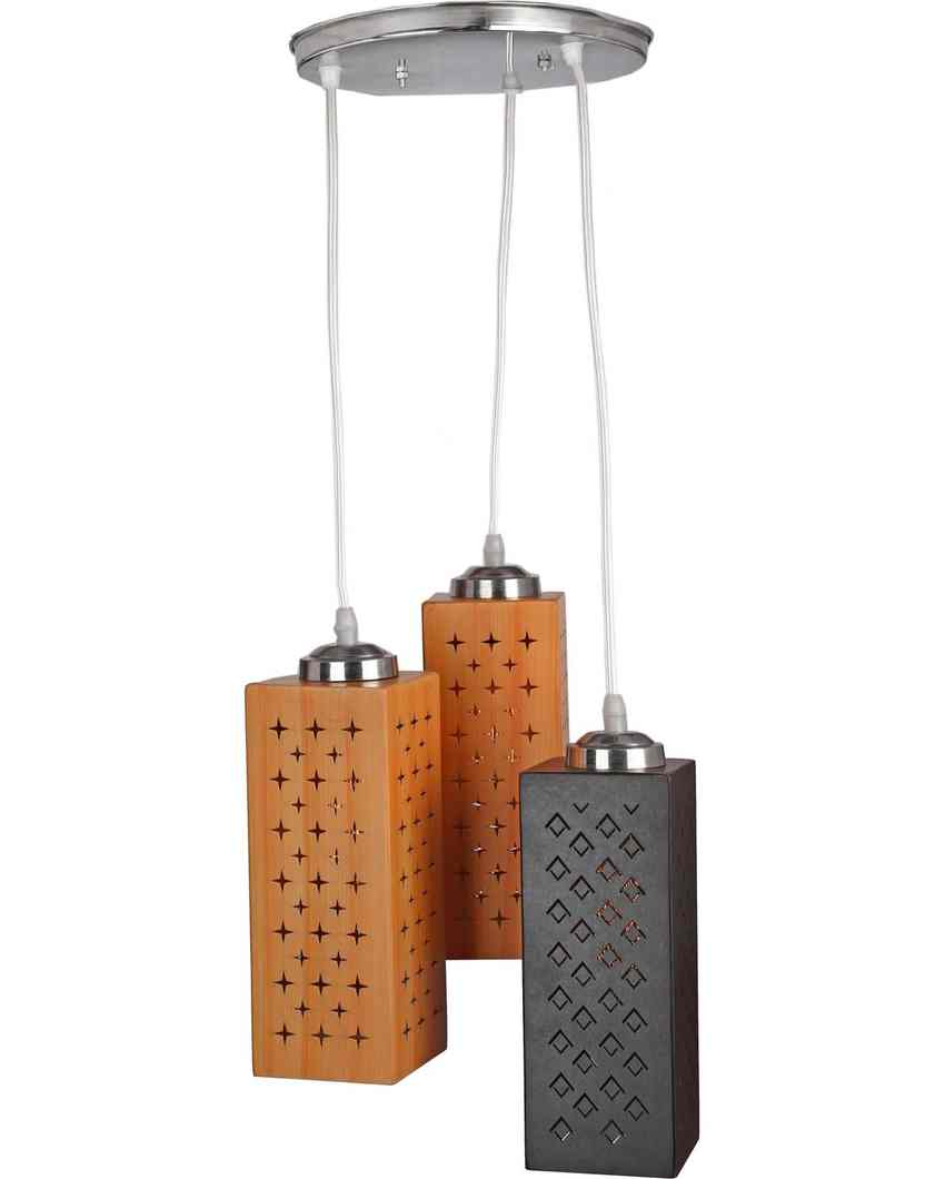 Rustic Metal Fitting Three Light Wooden Shade Pendant Ceiling Lamp | 10 x 10 x 28 inches