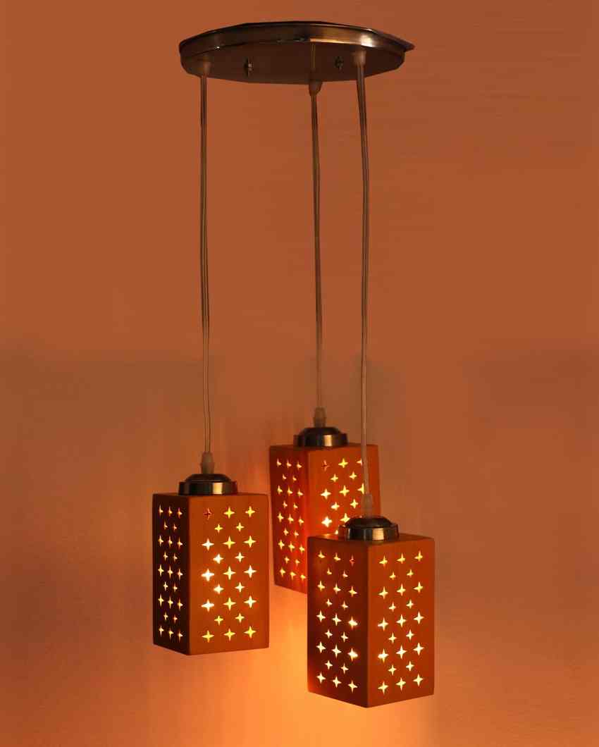 Chic Metal Fitting Three Light Wooden Shade Pendant Ceiling Lamp | 10 x 10 x 26 inches