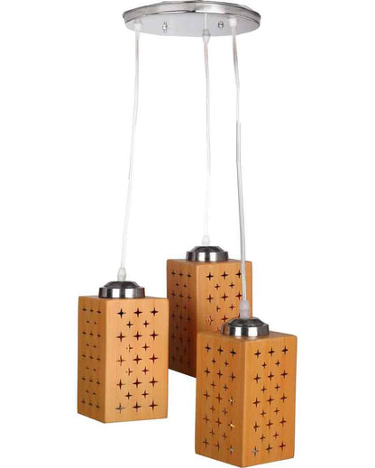 Chic Metal Fitting Three Light Wooden Shade Pendant Ceiling Lamp | 10 x 10 x 26 inches