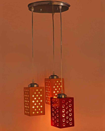 Stylish Metal Fitting Three Light Wooden Shade Pendant Ceiling Lamp | 10 x 10 x 26 inches