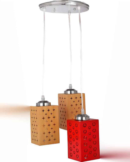 Stylish Metal Fitting Three Light Wooden Shade Pendant Ceiling Lamp | 10 x 10 x 26 inches