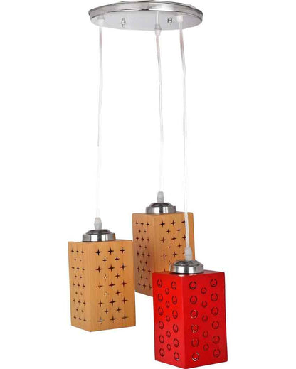 Stylish Metal Fitting Three Light Wooden Shade Pendant Ceiling Lamp | 10 x 10 x 26 inches