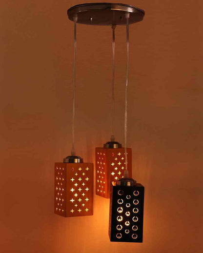 Sophisticated Metal Fitting Three Light Wooden Shade Pendant Ceiling Lamp | 10 x 10 x 26 inches