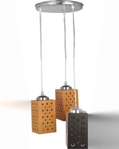 Sophisticated Metal Fitting Three Light Wooden Shade Pendant Ceiling Lamp | 10 x 10 x 26 inches