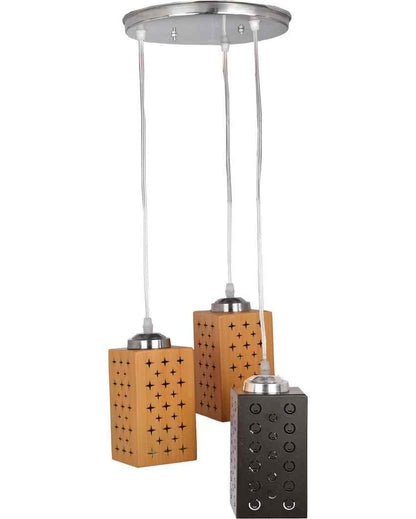 Sophisticated Metal Fitting Three Light Wooden Shade Pendant Ceiling Lamp | 10 x 10 x 26 inches