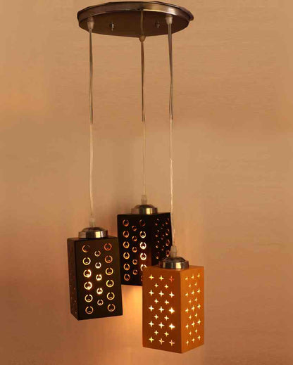 Luxurious Metal Fitting Three Light Wooden Shade Pendant Ceiling Lamp | 10 x 10 x 26 inches