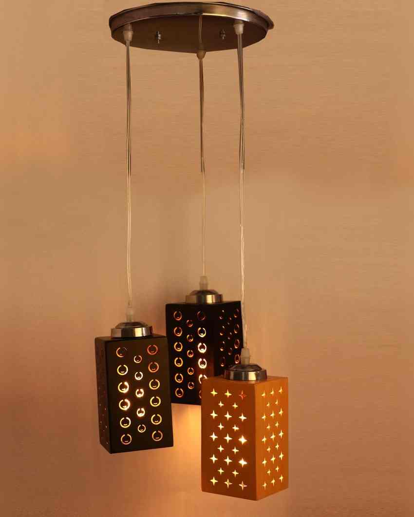 Luxurious Metal Fitting Three Light Wooden Shade Pendant Ceiling Lamp | 10 x 10 x 26 inches