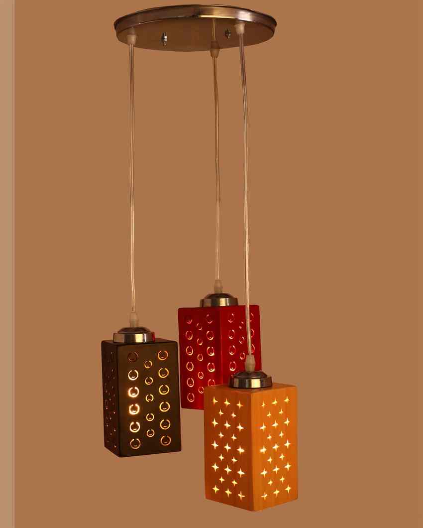 Unique Metal Fitting Three Light Wooden Shade Pendant Ceiling Lamp | 10 x 10 x 26 inches