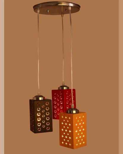 Unique Metal Fitting Three Light Wooden Shade Pendant Ceiling Lamp | 10 x 10 x 26 inches