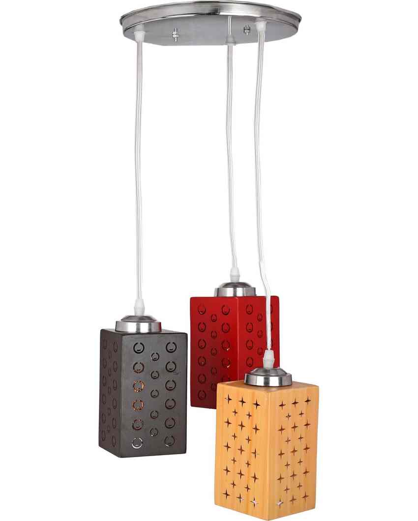 Unique Metal Fitting Three Light Wooden Shade Pendant Ceiling Lamp | 10 x 10 x 26 inches