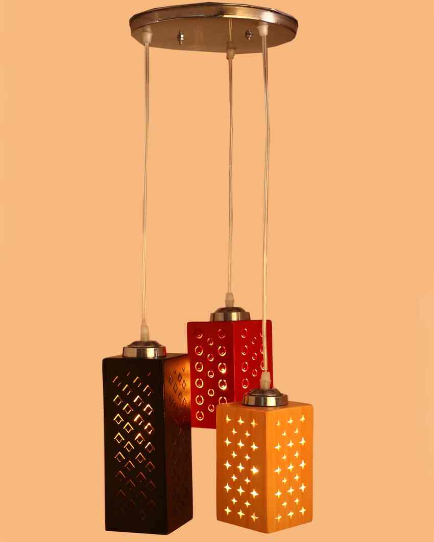 Classic Metal Fitting Three Light Wooden Shade Pendant Ceiling Lamp | 10 x 10 x 26 inches