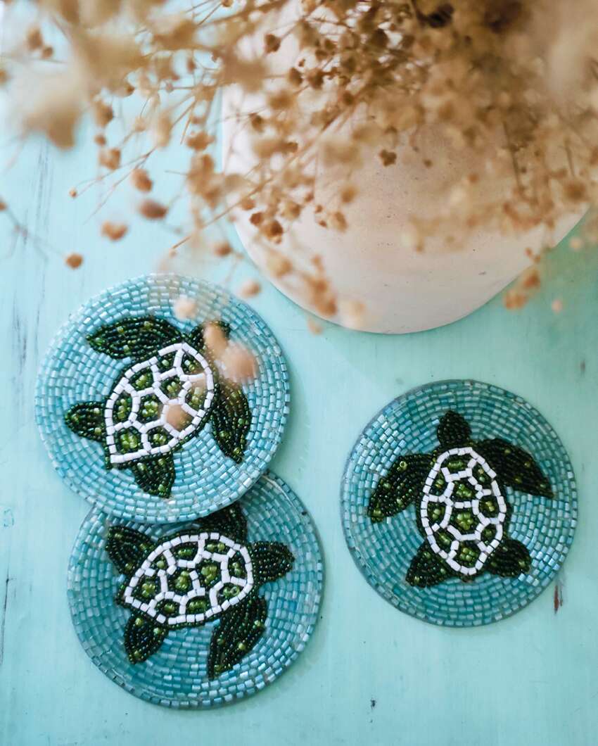 Artistic Turtle Lagoon Handcrafted Blue Coaster | Set of 3 | 4 inches