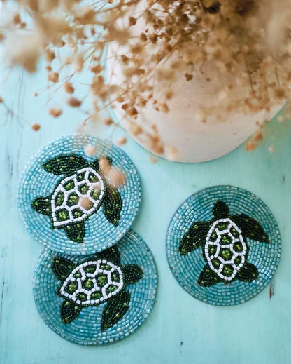 Artistic Turtle Lagoon Handcrafted Blue Coaster | Set of 3 | 4 inches