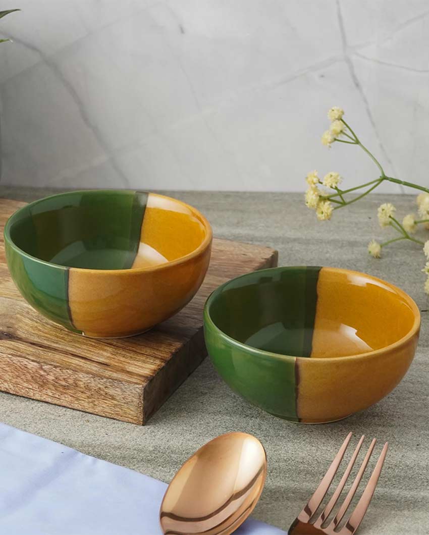 Elegant Design Green & Yellow Bohemian Ceramic Bowls | Set of 2 | 4 x 4 inches