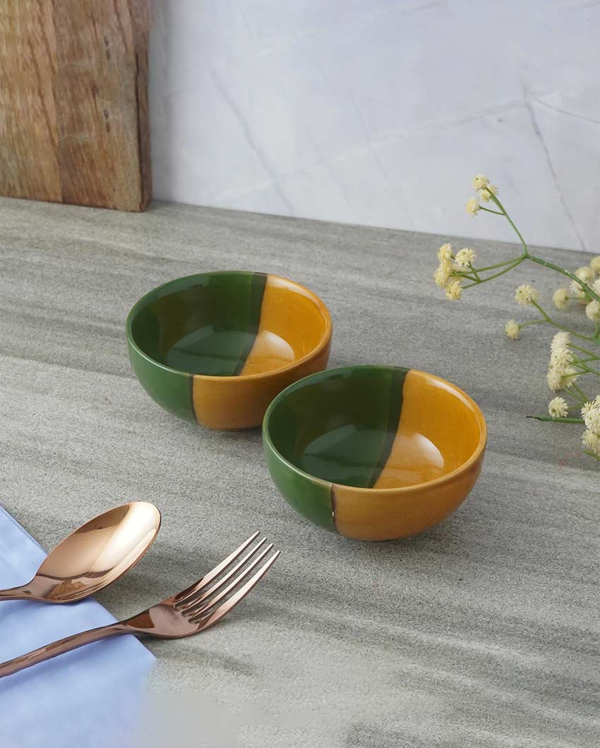 Elegant Design Green & Yellow Bohemian Ceramic Bowls | Set of 2 | 4 x 4 inches