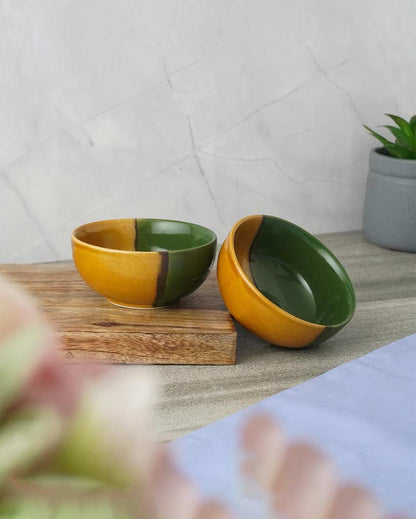 Elegant Design Green & Yellow Bohemian Ceramic Bowls | Set of 2 | 4 x 4 inches