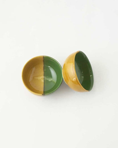 Elegant Design Green & Yellow Bohemian Ceramic Bowls | Set of 2 | 4 x 4 inches