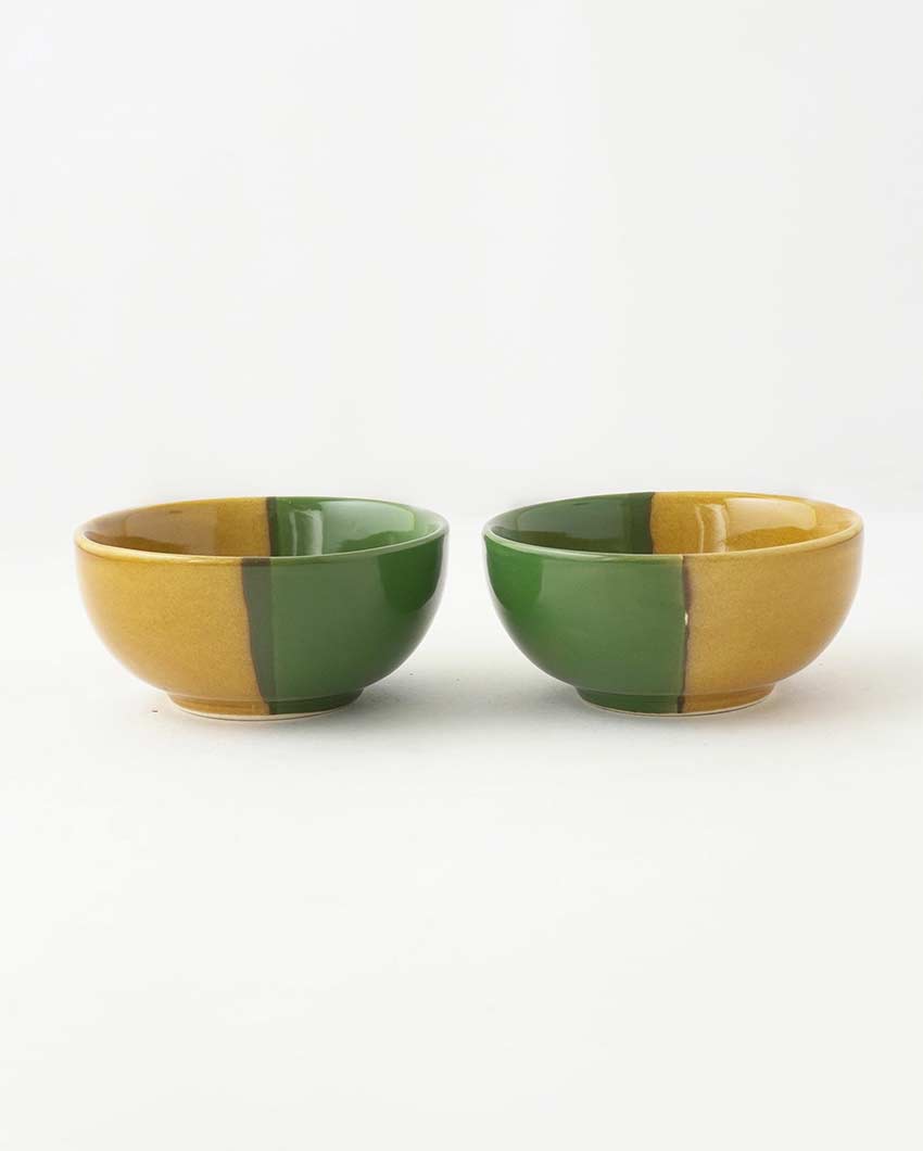 Elegant Design Green & Yellow Bohemian Ceramic Bowls | Set of 2 | 4 x 4 inches