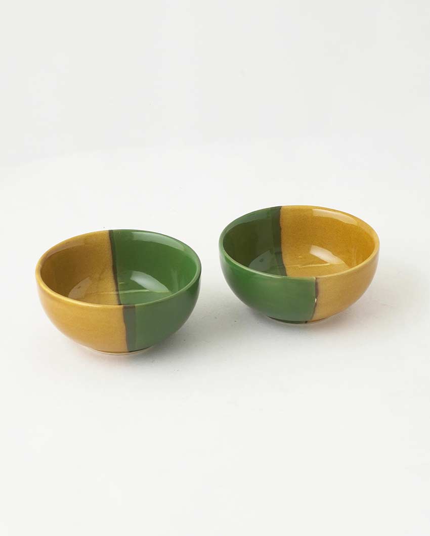 Elegant Design Green & Yellow Bohemian Ceramic Bowls | Set of 2 | 4 x 4 inches