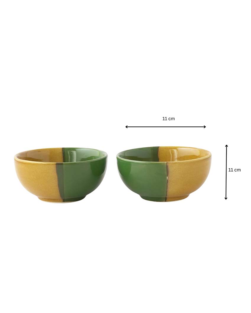 Elegant Design Green & Yellow Bohemian Ceramic Bowls | Set of 2 | 4 x 4 inches